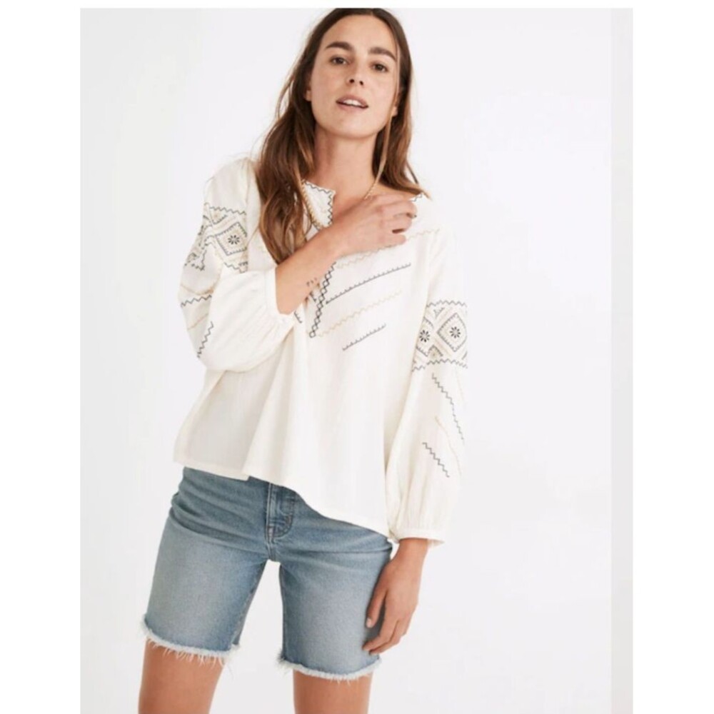 Madewell Embroidered Peasant Top Antique Cream 3/4 Sleeve Crinkle Gauze XS Boho*